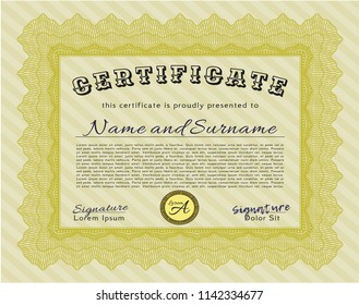 Yellow Sample Certificate. Artistry design. Vector illustration. Easy to print. 