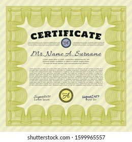 Yellow Sample Certificate. With background. Vector illustration. Cordial design. 