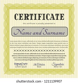 Yellow Sample Certificate. Beauty design. Printer friendly. Detailed. 