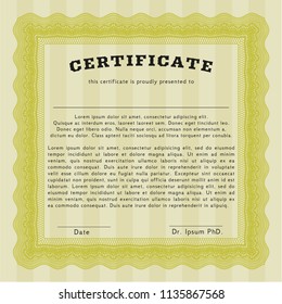 Yellow Sample Certificate. Complex background. Lovely design. Vector illustration. 