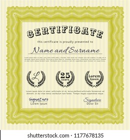 Yellow Sample Certificate. With complex background. Vector illustration. Nice design. 