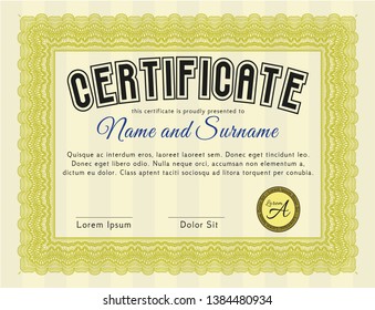 Yellow Sample Certificate. Complex background. Money design. Vector illustration. 