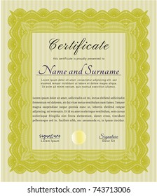 Yellow Sample Certificate. With complex background. Money Pattern design. Detailed. 