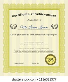 Yellow Sample Certificate. With complex linear background. Sophisticated design. Detailed. 