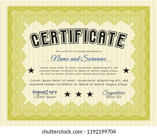 Yellow Sample Certificate. With complex linear background. Vector illustration. Excellent design. 