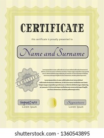 Yellow Sample Certificate. With complex linear background. Vector illustration. Sophisticated design. 