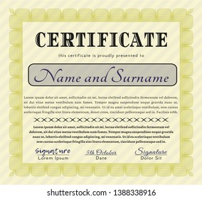Yellow Sample Certificate. With complex linear background. Detailed. Sophisticated design. 