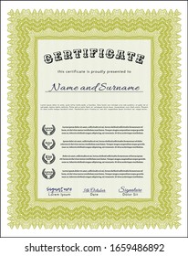 Yellow Sample Certificate. With complex linear background. Money style design. Vector illustration. 