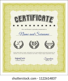 Yellow Sample Certificate. Customizable, Easy to edit and change colors. Complex background. Cordial design. 