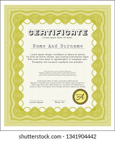 Yellow Sample Certificate. Customizable, Easy to edit and change colors. Printer friendly. Money style design. 