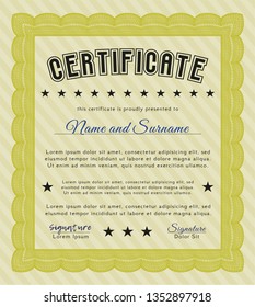 Yellow Sample Certificate. Customizable, Easy to edit and change colors. With complex background. Perfect design. 