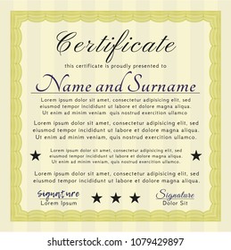 Yellow Sample Certificate. Detailed. With great quality guilloche pattern. Money Pattern design. 