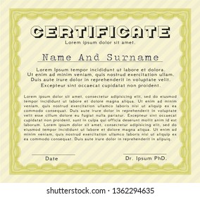 Yellow Sample certificate or diploma. Artistry design. Printer friendly. Vector illustration. 