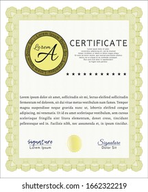 Certificado o diploma de la muestra amarilla. Diseño artístico. Ilustración vectorial. Con un patrón de guilloche de gran calidad. 