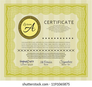 Yellow Sample certificate or diploma. With background. Perfect design. Vector illustration. 