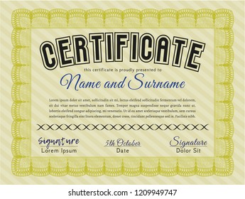 Yellow Sample certificate or diploma. With background. Money Pattern. Customizable, Easy to edit and change colors. 