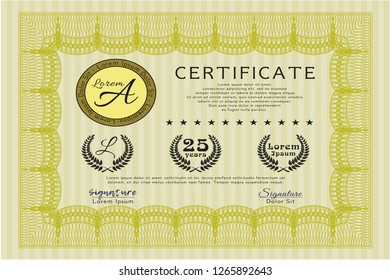 Yellow Sample certificate or diploma. With background. Lovely design. Detailed. 
