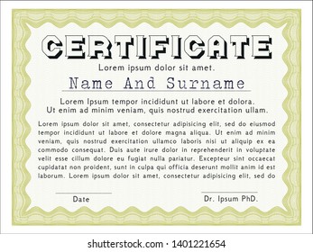 Yellow Sample certificate or diploma. With background. Cordial design. Detailed. 