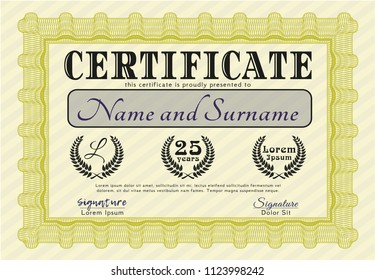 Yellow Sample certificate or diploma. Complex background. Customizable, Easy to edit and change colors. Artistry design. 