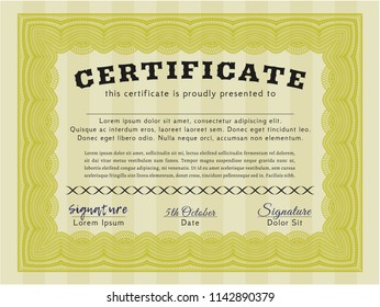 Yellow Sample certificate or diploma. With complex background. Vector illustration. Sophisticated design. 