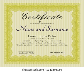 Yellow Sample certificate or diploma. With complex background. Lovely design. Detailed. 