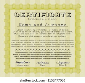 Yellow Sample certificate or diploma. Complex background. Excellent design. Customizable, Easy to edit and change colors. 