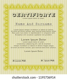 Yellow Sample certificate or diploma. With complex background. Money Pattern. Customizable, Easy to edit and change colors. 