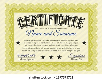Yellow Sample certificate or diploma. With complex linear background. Detailed. Money style design. 