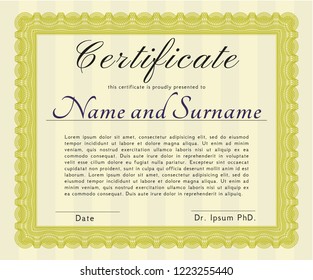 Yellow Sample certificate or diploma. With complex linear background. Modern design. Customizable, Easy to edit and change colors. 