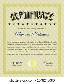 Yellow Sample certificate or diploma. With complex background. Customizable, Easy to edit and change colors. Cordial design. 