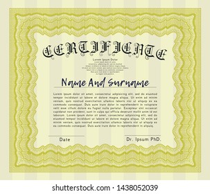 Yellow Sample certificate or diploma. With complex background. Vector illustration. Perfect design. 