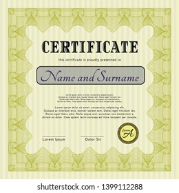 Yellow Sample certificate or diploma. Cordial design. With complex linear background. Detailed. 