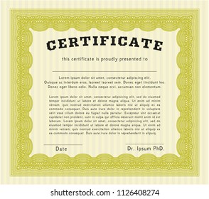 Yellow Sample certificate or diploma. Customizable, Easy to edit and change colors. With guilloche pattern. Elegant design. 