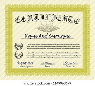 Yellow Sample certificate or diploma. Customizable, Easy to edit and change colors. With complex linear background. Cordial design. 