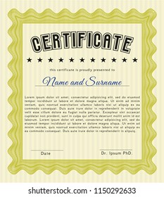 Yellow Sample certificate or diploma. Customizable, Easy to edit and change colors. With complex background. Money Pattern design. 