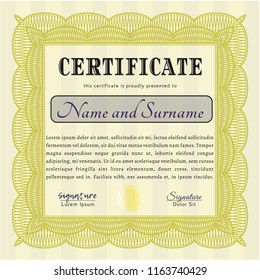 Yellow Sample certificate or diploma. Customizable, Easy to edit and change colors. With complex background. Beauty design. 