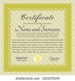 Yellow Sample certificate or diploma. Customizable, Easy to edit and change colors. With complex linear background. Retro design. 