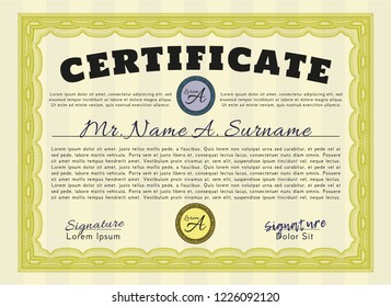 Yellow Sample certificate or diploma. Customizable, Easy to edit and change colors. With great quality guilloche pattern. Sophisticated design. 