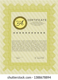 Yellow Sample certificate or diploma. Customizable, Easy to edit and change colors. With complex linear background. Money Pattern. 