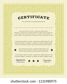 Yellow Sample certificate or diploma. Easy to print. Money design. Customizable, Easy to edit and change colors. 