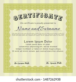 Yellow Sample certificate or diploma. Easy to print. Money style design. Vector illustration. 