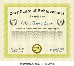 Yellow Sample certificate or diploma. Easy to print. Detailed. Elegant design. 