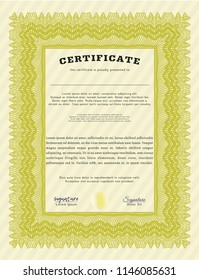 Yellow Sample certificate or diploma. Elegant design. Detailed. With complex background. 