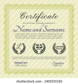 Yellow Sample certificate or diploma. Elegant design. Detailed. With background. 