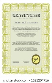 Yellow Sample certificate or diploma. Elegant design. Customizable, Easy to edit and change colors. With complex background. 