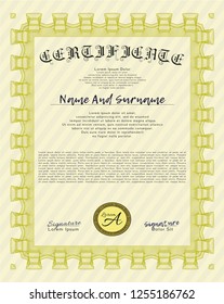 Yellow Sample certificate or diploma. Excellent design. Easy to print. Vector illustration. 