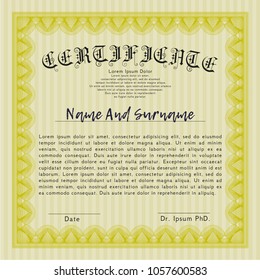 Yellow Sample certificate or diploma. Good design. With complex linear background. Detailed. 