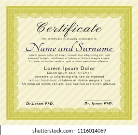 Yellow Sample certificate or diploma. Good design. Vector illustration. With great quality guilloche pattern. 