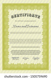 Yellow Sample certificate or diploma. Good design. Detailed. With guilloche pattern and background. 