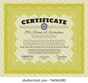 Yellow Sample certificate or diploma. Good design. Complex background. Vector illustration. 
